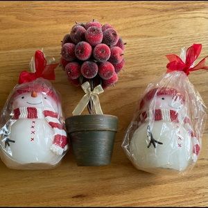 NWT Holiday Fruit Topiary Tree + set of 2 Snowman Candle Decor